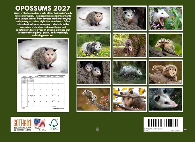 Opossum Calendar 2027 Wall 12 Month Opossums Gifts For Opossum Lovers Women Men Monthly Calender| American Made In The USA