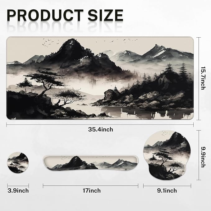 Keyboard Mouse Pad Set, 4 in 1 Desk Mat Set, Black Ink | Landscape Mountain Art Large Mousepad+Keyboard Wrist Rest+Mouse Wrist Rest+Coaster Ergonomic Design for Home Office Computer