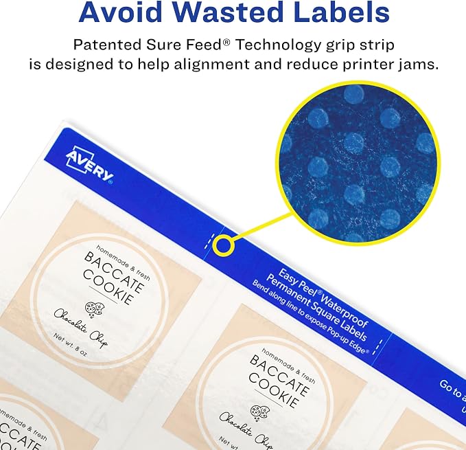 Avery® Durable Waterproof Square Labels, Sure Feed® Technology, 2" x 2", White, Laser & Pigment-Inkjet Compatible, 96 Blank Labels Total, Great for Branding, Packaging, and More (64510)