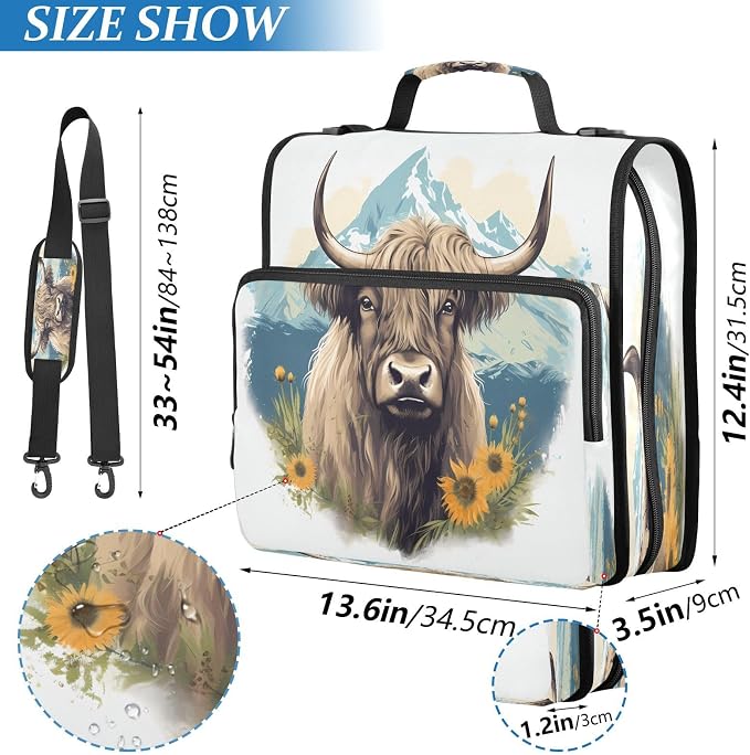ALAZA Zipper Binder 3 Ring Highland Cow Binder Organizer with Zipper and Shoulder Strap Large Capacity Multi-Pocket Trapper Keeper File Folder for Office Supplies