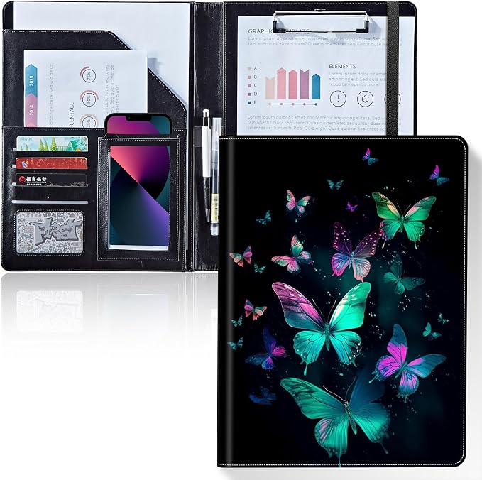 Padfolio/Portfolio Folder Clipboard,Padfolio Clipboard,Writing Portfolio Leather with Cover for Card Holder Slot Letter Size A4 for Office Conference Notepad Clip Boards,Bright Butterfly