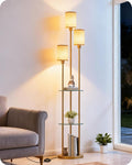 Floor Lamp with Shelves, Modern Floor Lamp with 3 Linen Shades and Foot Switch, 3-Light Standing Lamp, for Living Room, Bedroom, Study, Office, Gold and Beige ED53LD05