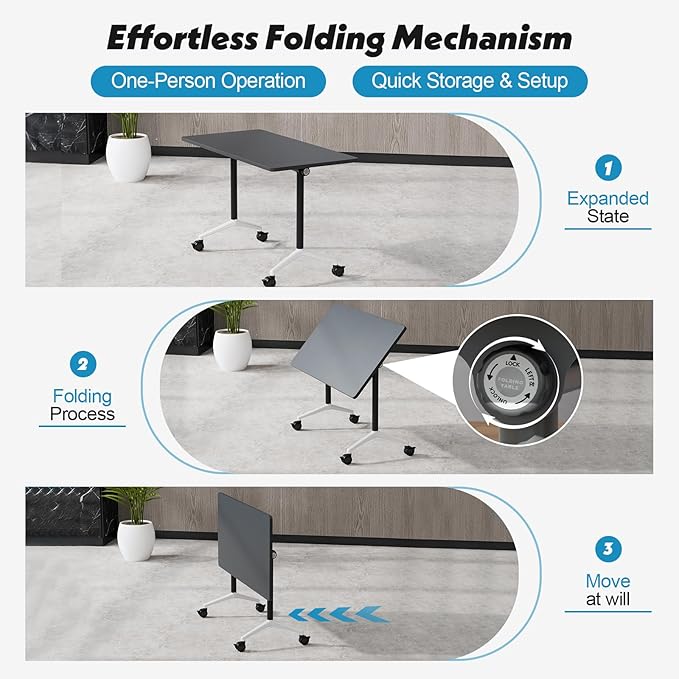 Goakwwuz Conference Room Table, Folding Conference Tables,Thicken Grey Tabletop,Flip Top Wooden Seminar Meeting Room Table for Conference Room Offices (2, Black, 47.2“)