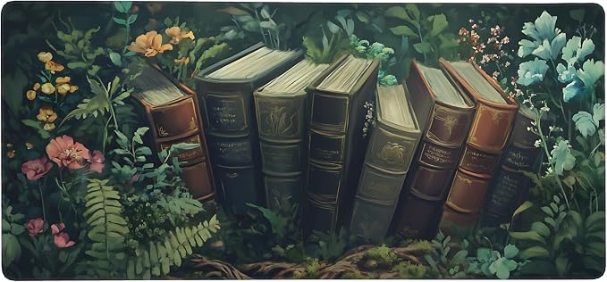 Floral Aesthetic Book Gaming Mouse Pad, Forest Green Moody Forest Desk Mat with Anti-Slip Base & Stitched Edges, Computer Keyboard & Laptop Pad, 35.4" x 15.7" in in Workstation Accessories