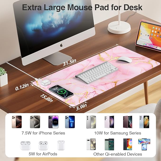 Pink Marble Mouse Pad with 15W Wireless Charging, 31.5"x15.8" in | Large Gaming Desk Pad/Mat for Women Girls, Waterproof Ultra-Smooth Surface, Non-Slip Base