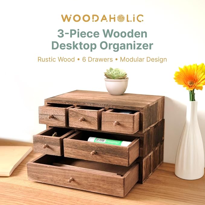 Stackable 3-Piece Set - Wood Desk Organizer with Drawers – Desktop Organization for Office, Crafts, Makeup, Sewing, Emboridery DMC Floss & Small Accessories – Rustic Storage Box with 6 Slots