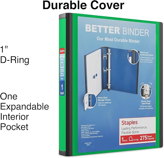 Staples Better View 1-Inch D-Ring Binder, Green, Clear Overlay | Durable 3-ring binder for school and office document organization.