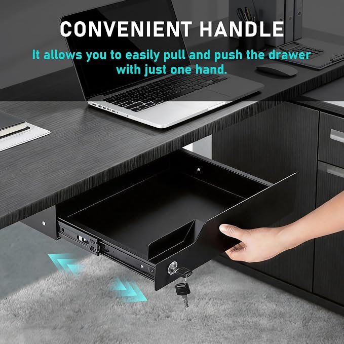 Under Desk Drawer Storage with Lock, Metal Undermount Table Drawer, Ball Bearing Slides Out Tray Organizer for Paper, Pencil, and Laptop 16"x11.8"x3.6", Black