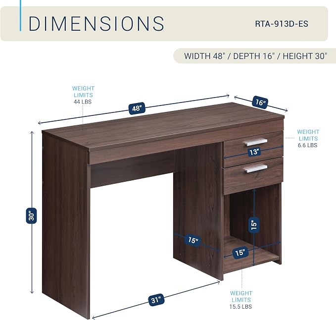 Techni Mobili 48 Inch Modern Compact Computer Desk with Drawers, Espresso | 48 Inch modern desk with storage drawers, sturdy frame, compact design, ideal for bedrooms and home office workspaces
