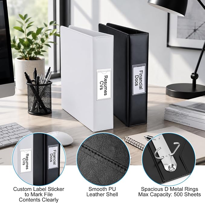 Meetory 2 Pack Binder 5.5" x 8.5", 1 Inch Rings, Leather Vintage Hardcover | holds 500 sheets,180° flat-lay,portable for easy document arrangement, Black & White Mini 3-Ring Binders with index dividers