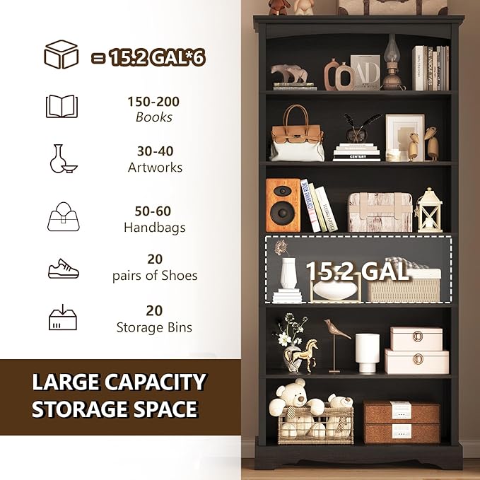 TVU 6-Tier Wooden Bookshelf, 76 Inch Tall Bookshelf with Storage, Floor Standing Modern Style Display Bookcase for Living Room, Office, Study Room, Entryway, Black