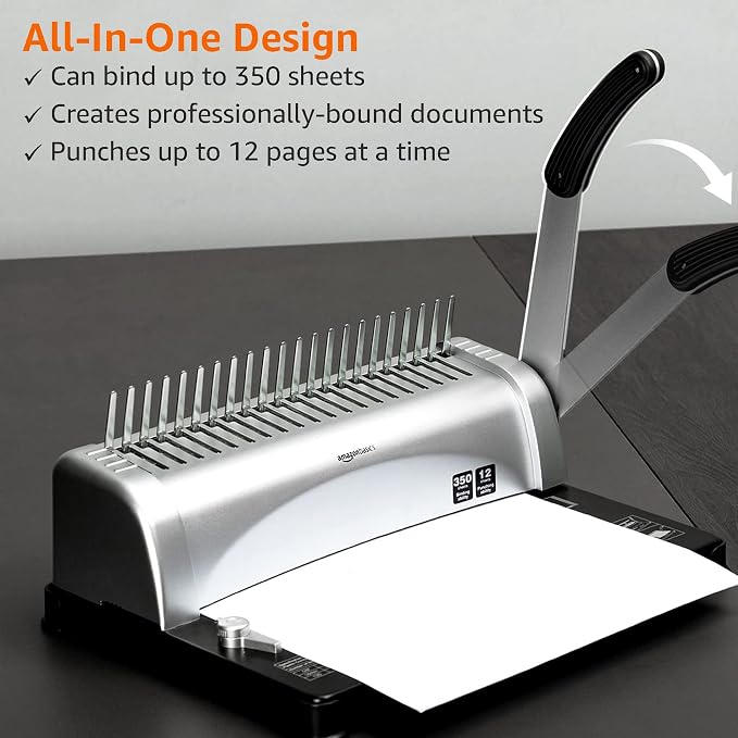 Amazon Basics Comb Binding Machine, 350 Sheets Capacity, Punches 12 Sheets, for Paper Sizes A5(15 holes)/Letter(19 holes)/A4(21 holes) with Adjustable Margin, Grey