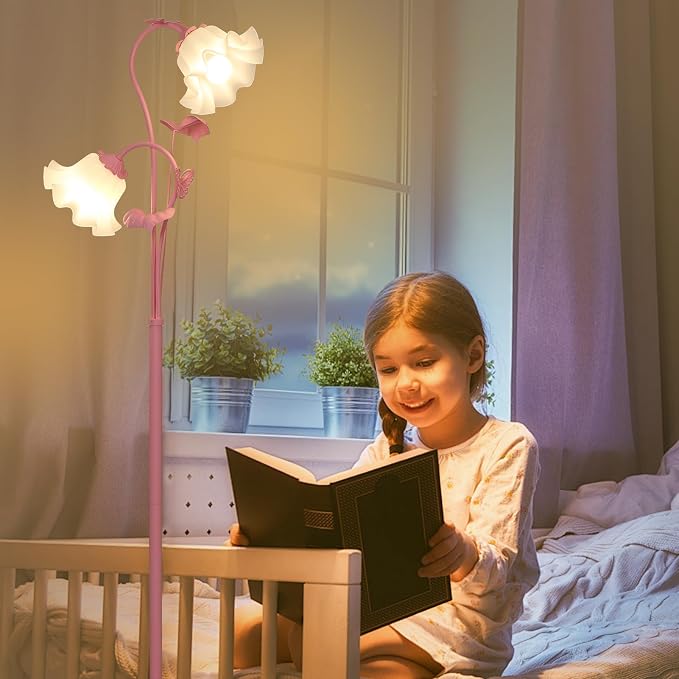 HMVPL Pink Flower Floor Lamp, Floral Standing Lamp with 2 LED 5W Blubs, Foot Switch, Modern Corner Tall Lamp with Acrylic Shade, Girls Cute Floor Lamp for Living Room Bedroom Office Kids Reading