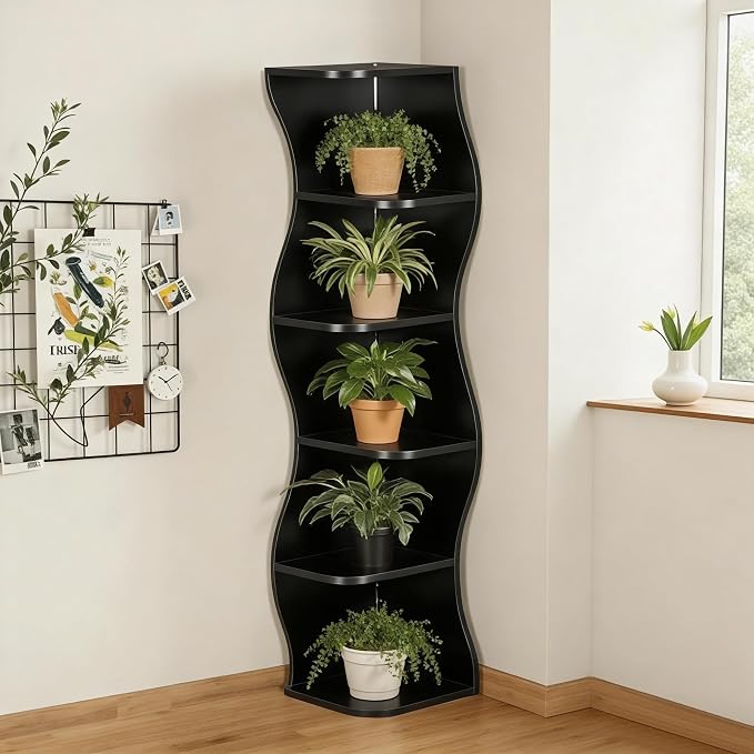 VECELO 6-Tier Wave Corner Bookcase with LED Lights, 90° Right-Angle Tall Narrow Bookshelf, Wooden Corner Display Stand Storage Shelf for Small Spaces, Living Room, Bedroom, Home Office (Black)