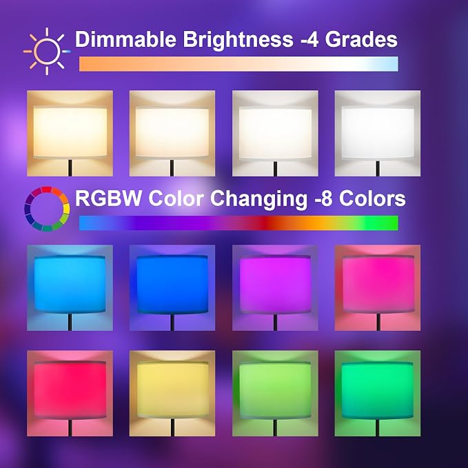 Floor Lamp for Living Room with Smart Light Bulb, RGB + Stepless Dimmable Colors Temperature & Brightness(White Shade & Black Pole)