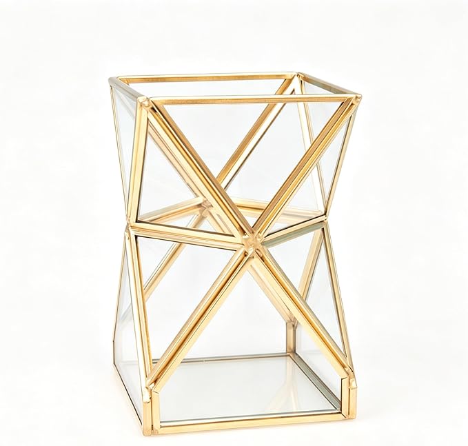 JIARI Glass Pen Holder Cup for Desk, Pencil Cup Holder, Gold Brass Frame Glass Pen Cup for Desk Office Pen Organizer 3.7 x 3.7 x 5.7 inche (Pencil Holder-D07B)
