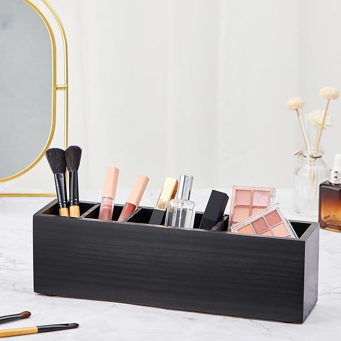 Jetec Wooden Pencil Pen Holder for Desk 6 Compartments Cosmetic Makeup Brush Stationery Office Desktop Organizers for Countertop Adjustable Silverware Caddy for Party, Art Supplies, Home Decor(Black)