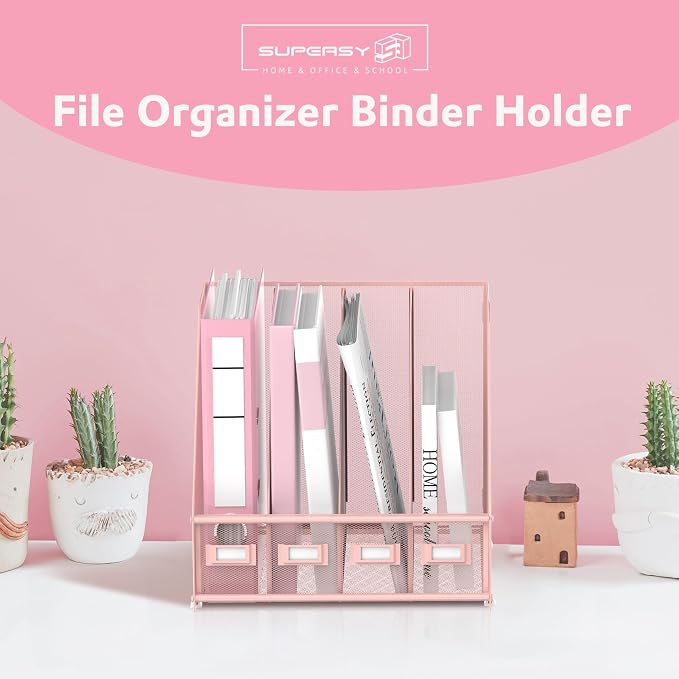 4-Compartment Magazine File Holder and File Organizer for Desk, Pink | Metal Magazine Holder and Magazine File Holder, 4-Compartment File Organizer for Binders Folders Magazines and Paper