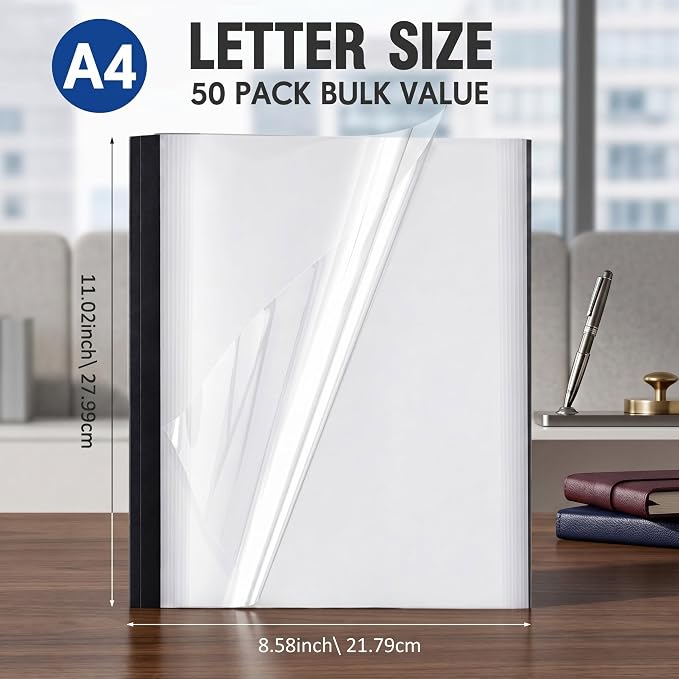 50 Pack Letter Size Thermal Binding Covers 1/8 Inch Spine for 16-25 Sheets, Clear PET Front Black Cardstock Back, Presentation Report Covers for Thermal Binding Machines, for Office, School
