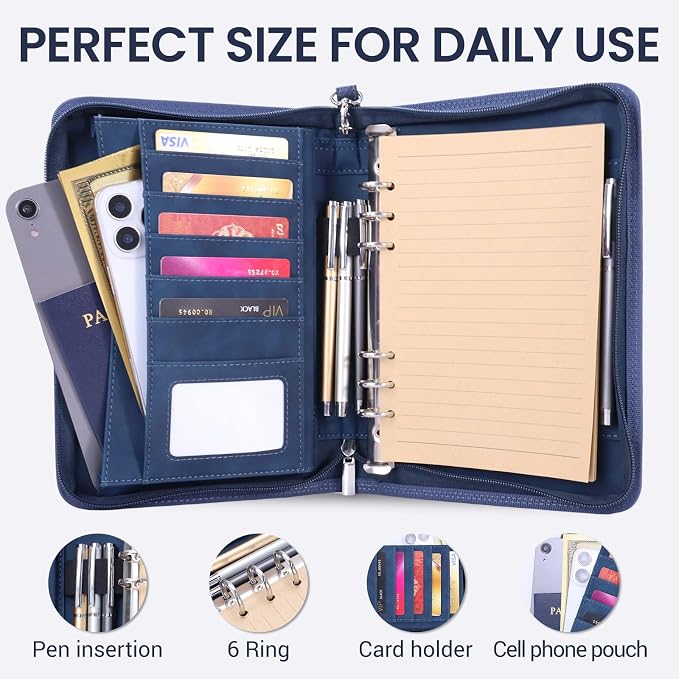 A5 Binder 6 Ring with Zipper, Portable Planner for Travel & Study | Faux leather A5 planner with detachable 6 rings, lined pages, pouches, card slots and pen holder for daily use.