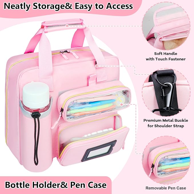 3 Inch D-Ring Zipper Binder Bag, 700 Sheet Capacity Multi-Pockets Organizer, 13 Inch Laptop Carrying Case with Bottle Holder& Shoulder Strap for School Office (Pink)