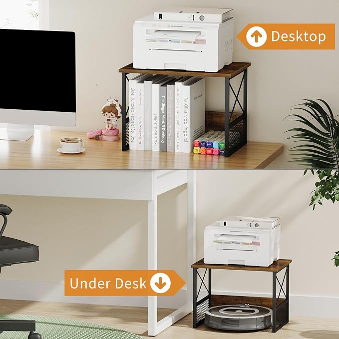 Printer Stand for Desk, Desktop Printer Stand Shelf Organzier for Home Office, for Above and Under Desk, Fax Machine Copier Scanner, Rustic Brown