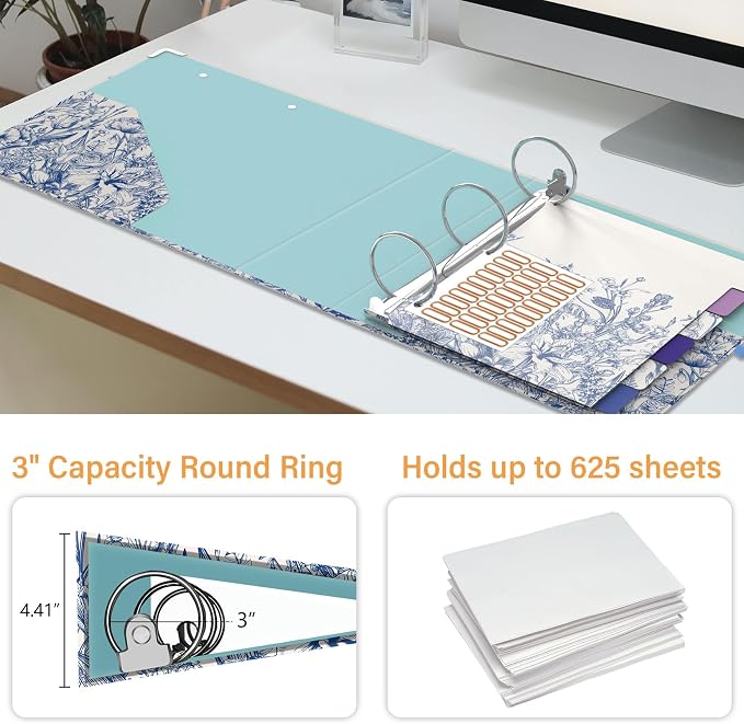 3 Ring Binder 3 Inch Ring, Three Ring Binders for Letter Size 11" x 8.5" with 6-Tab Dividers, 2 Pockets, Binder with Clip for School and Office Supplies-Wild Flowers