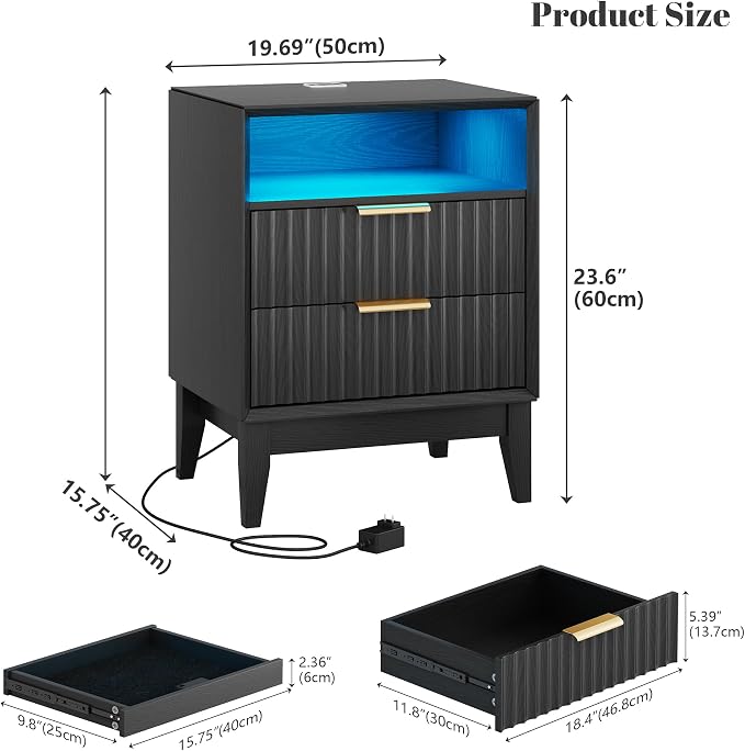 LED Nightstand Set of 2, RFID Lock, Charging Station, Black | Bedside Table with Hidden Drawer, 2 Drawers, Open Cubby, Motion Sensor, USB and Type-C Ports, Night Stand for Bedroom