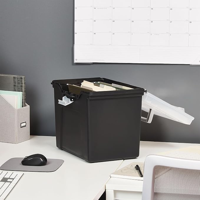 STAPLES File Box Portable Tote, Letter Size, Black, 4/Carton | Lightweight storage tote for transporting and organizing hanging files.