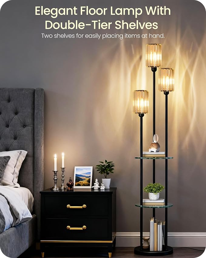 Black Floor Lamp with Shelves, Modern Floor Lamp with 3 Crystal Shades and Foot Switch, 3-Light Standing Lamp, for Living Room, Bedroom, Study, Office, Black B53LD05