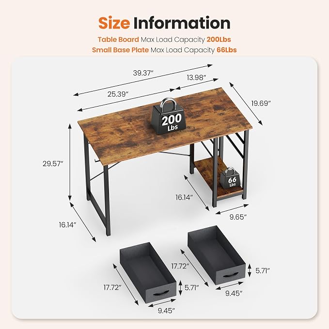 Sweetcrispy 40-Inch Computer Desk with Drawers, Office Desk, Brown | Small Desk for Bedroom Home Office with Side Hook, Modern Simple Desk with Storage for Writing