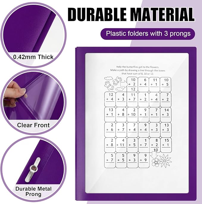 Teling 36 Pcs Report Covers with 3 Prong Fasteners Clear Front Presentation Folders Frame View Poly Report Folder Presentation Binder for Paper Document School Office (Dark Purple)