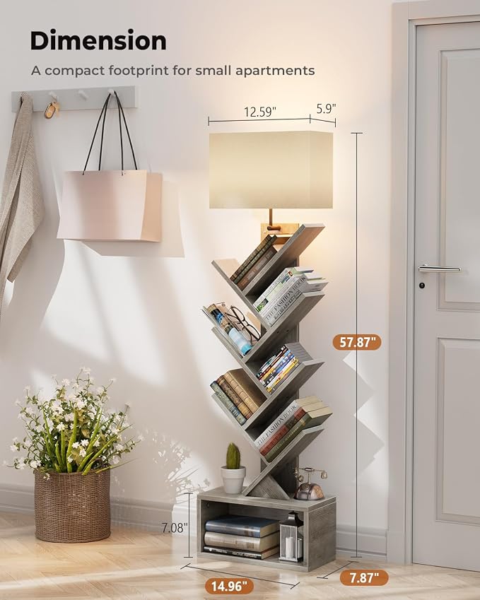 Evermagin 6 Tier Tree Bookshelf with Light, Bookcase, Gray | Narrow Tower Design, Storage Cabinet for Book Organization, Tall Floor Standing Use, Living Room, Bedroom and Home Office