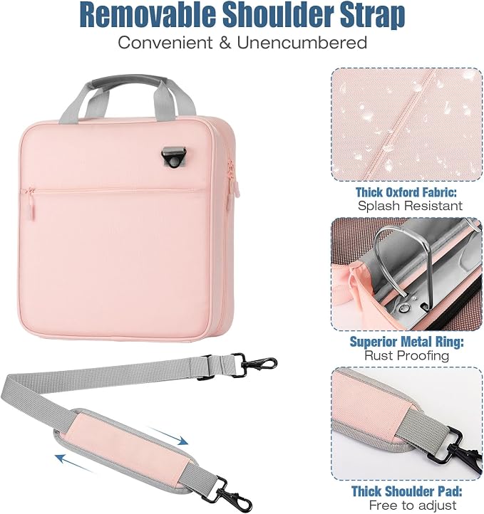 MoKo Zipper Binder, 3 Inch 3 D Ring, 5 Tab File Folders, 700 Sheets, Pink | Water-repellent 900D Oxford fabric with 5 folders, 2 mesh pocket, reinforced handle and adjustable shoulder strap.