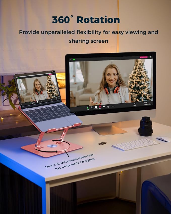 Aoviho 360° Rotating Laptop Stand for Desk | Adjustable, Foldable, Portable Aluminum Ergonomic Riser | Compatible with MacBook, Dell, HP & All Laptops 10-16 inch | Rose Gold