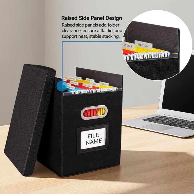 4 Pack Hanging File Folders Organizer with Lid, Letter Size Fabric File Storage Box Collapsible, Portable Office Document Holder with Metal Handle, Smooth PVC Rails, Black