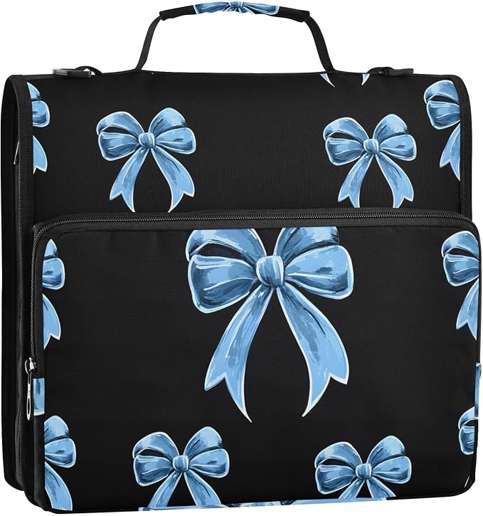 Blue Bow Print 3 Ring Zipper Binder Bag Binder Organizer with Handle Shoulder Strap for School Work Office Supplies
