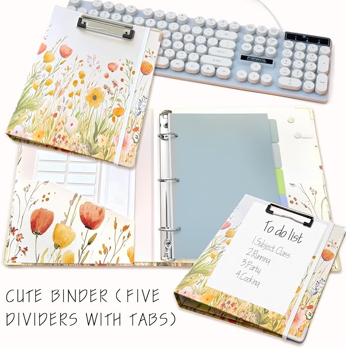 Mini Binder Organizer for 5.5" x 8.5" Paper ，1 Inch 3 Ring Binder with Clipboard, 5-Tabs Pockets Dividers, Plastic Folder, 18 Divider Stikers, Pen Loop (Weed, Half Letter Size)