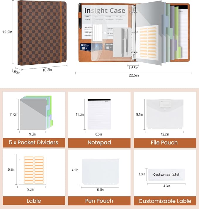 Grid Leather 3 Ring Binder 1 Inch, with Clipboard Notepad&5 Dividers with Pockets, Labels,PU Clipboards for School Office(Brown,Letter Size)