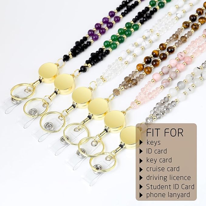 AIDSOTOU Lanyards for ID Badges and Keys,Natural Stone Beaded Teacher Lanyard for Women,Retractable Lanyard with ID Holder Cute Lanyards for Teachers (Purple)