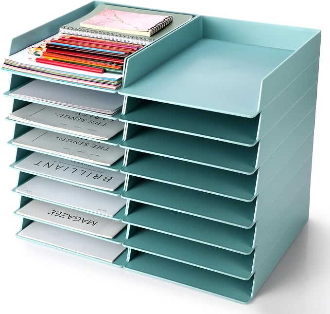 Tatuo 16 Pack Stackable Paper Trays Plastic Letter Tray Desk Organizer Paper Holder Organizer Storage Office Desk Accessories for Classroom Magazine File Documents 12.8 x 9.45 x 1.97, Blue Green