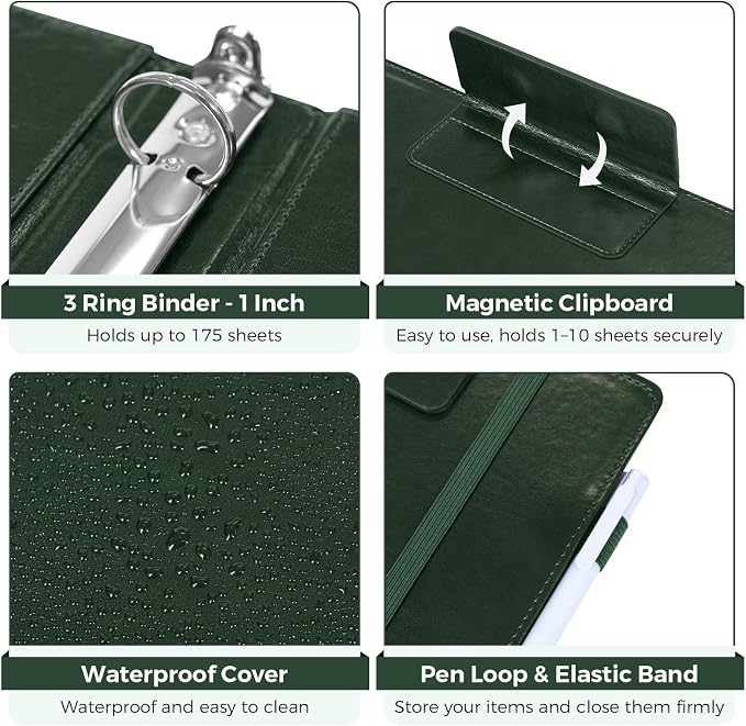 SKYDUE 3 Ring Binder with Magnetic Clipboard, 1 Inch Binder with 5 Dividers | Faux Leather Binder, Folder, Binder Pouch, Plastic Sleeves, and notepad, Ideal for Office & School Supplies Organize