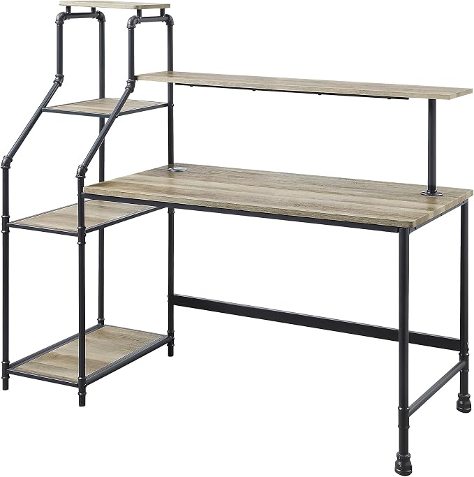 Antwonette Industrial Metal Office Desk with Reversible 3-Shelf Bookcase, LED Light, USB Port for Workstation, Home Office, Study Room, Light Oak Brown and Black