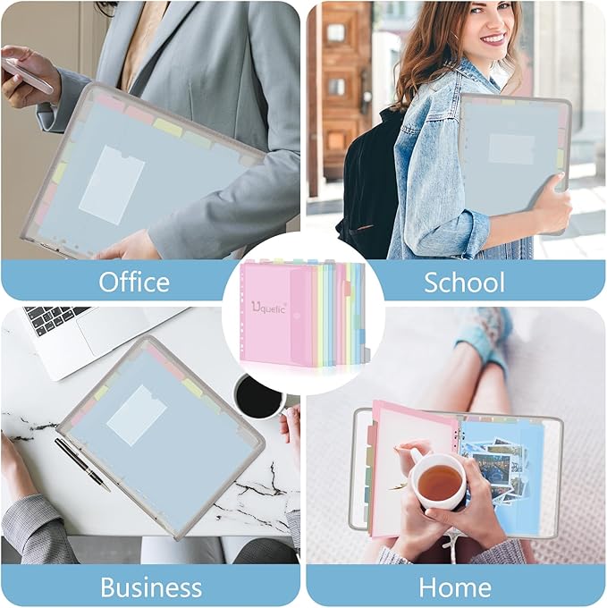 Uquelic Clear Zipper Binder with 12 Colorful Letter/A4 Pockets | 3 Ring Document Organizer with Dividers - Durable PP Cover, Large Capacity Cute Folder for School, Office & Home