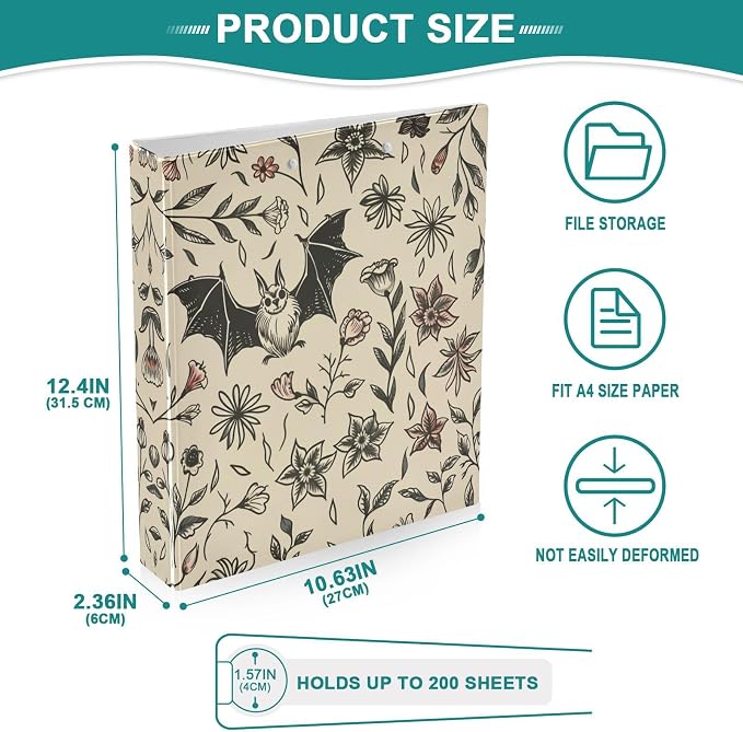 3 Ring Binder Goth Bat Flowers 1.5 Inch Three Ring Binder | Cute Binder with 3 Storage Pockets for Women School Office Supplies