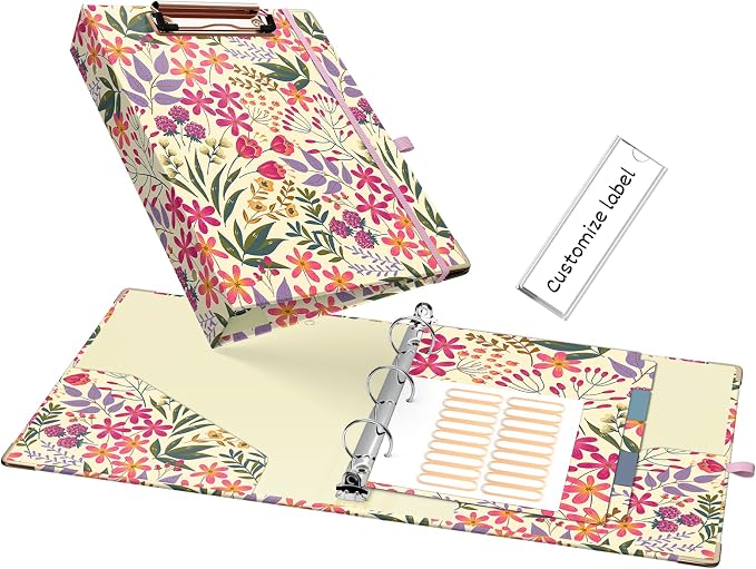 Ospelelf Mini 3 Ring Binder 1 Inch, Cute Binder for 5.5" x 8.5" with 5 Tab Dividers, File Folder Labels and Low Profile Clipboards, Floral Binders for School and Office Supplies