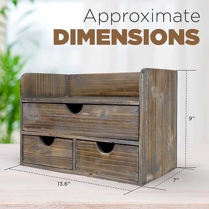 Besti Wooden Office Desk Organizer - Organizing Tool for Desktop, Cubicle, Bedroom, Kitchen - Vintage Style Organization Caddy with Top Tray Shelf & 3 Drawers - 13.6x9x7 Inches (Rustic)