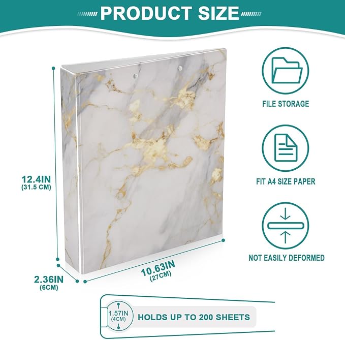 3 Ring Binder Grey Marble Gold Fluid 1.5 inch Binders Three Ring Binders with Clipboard Fit 8.5'' x 11'' Paper 3 Interior PVC Clear Pockets for Office Supplies