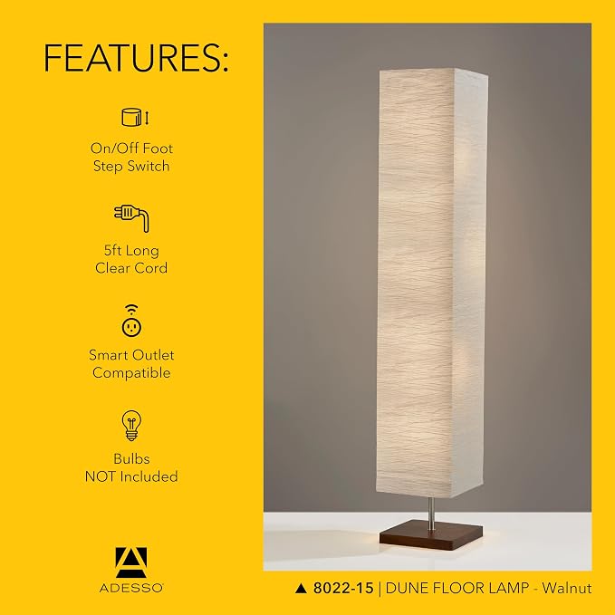 Adesso 3-Light Floor Lamp, Natural Wood & White, Adjustable Brightness, 58”