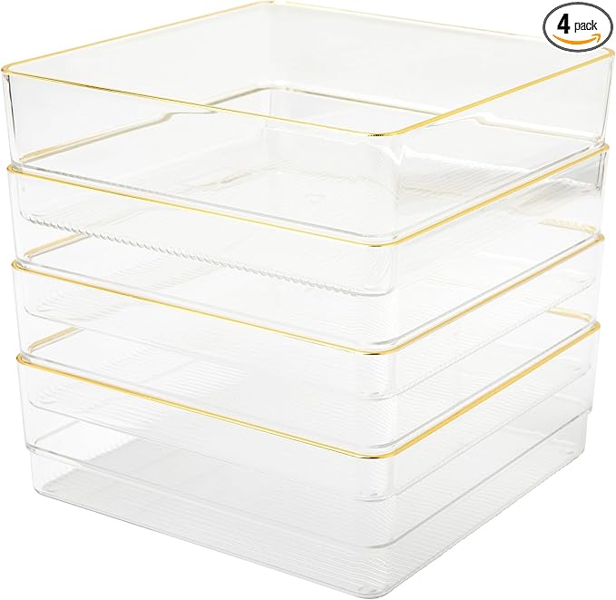 Martha Stewart Kerry Stackable Desk Drawer Organizers, Clear/Gold, 4-Pack | 6x6 in Organizers, Gold Trim, Stackable